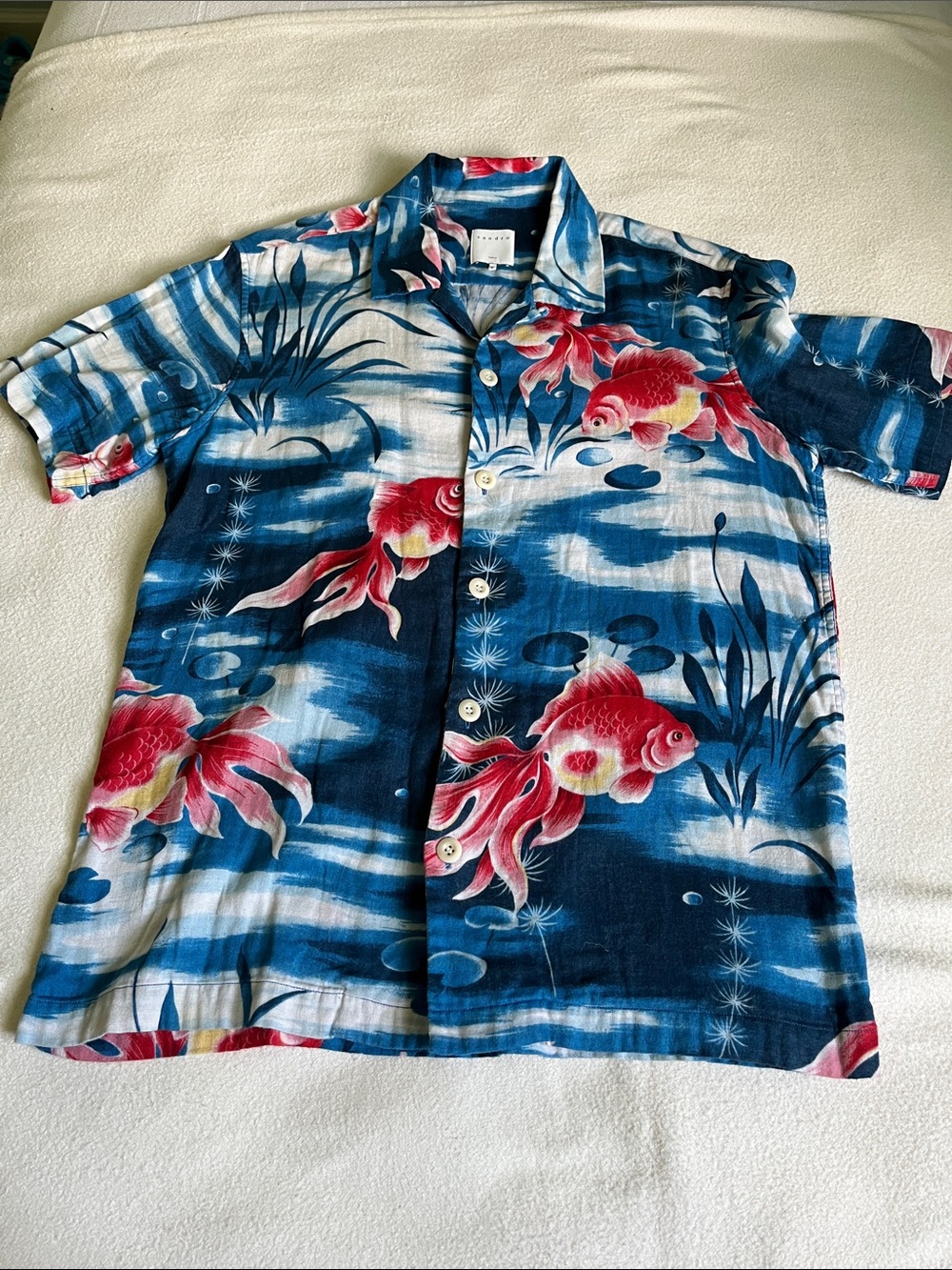 Sandro Blue Short-Sleeve Camp Shirt with Red Fish Print